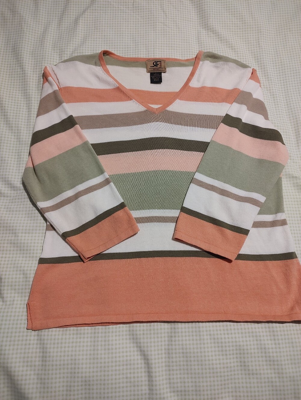 Rafaella Striped V-Neck Sweater in Coral, White & Olive